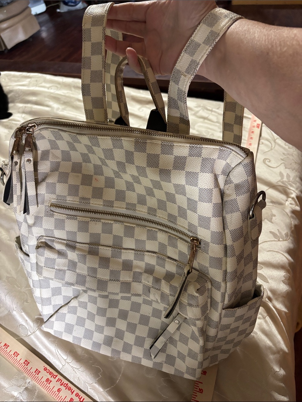 Checkerboard Canvas Backpack in Ivory and Light Gray